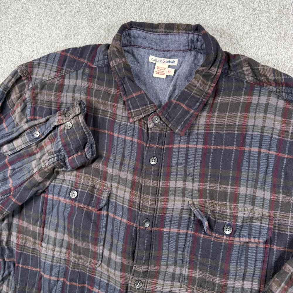 Carbon2Cobalt Flannel Shirt Mens XL Grey Plaid Double Layer Cotton Button Down